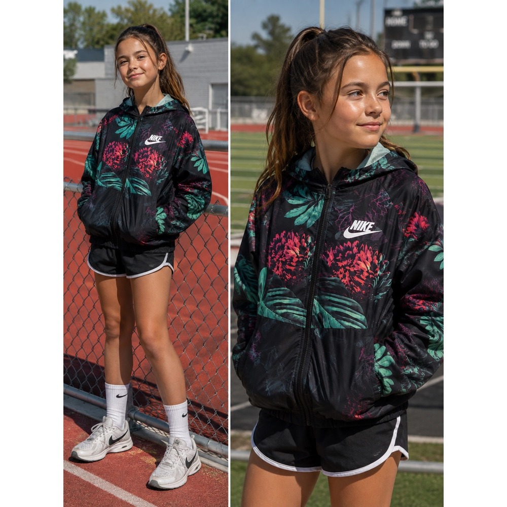 Unisex Nike Girls Tropical Floral Windrunner Hooded Windbreaker Jacket M 10-12
